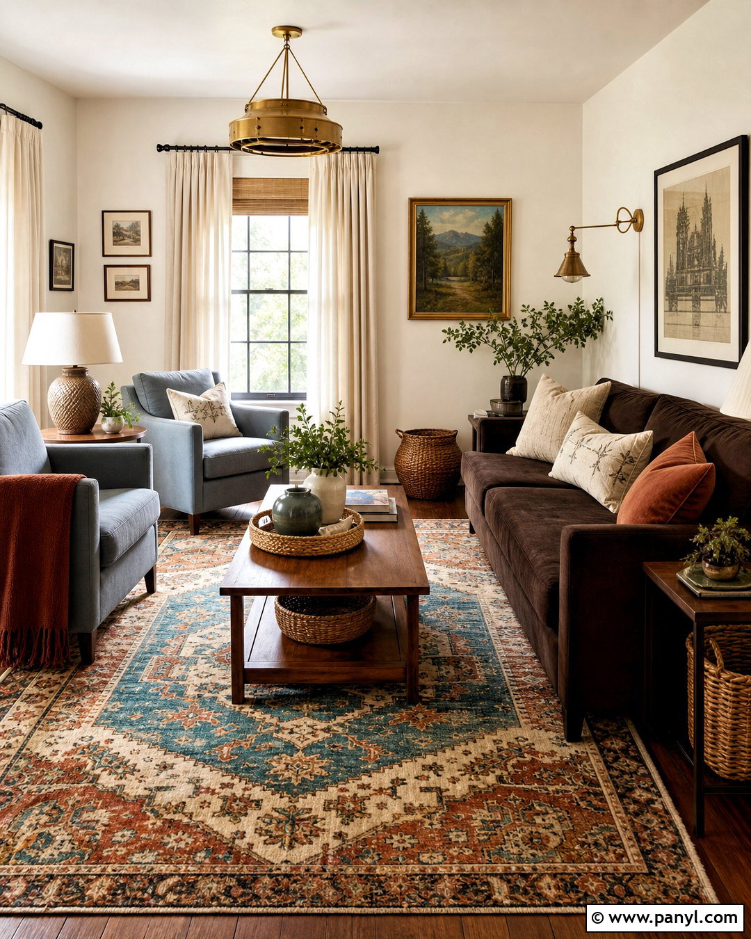 Chocolate Brown Couch With a Colorful Rug - 20 chocolate brown couch living room ideas