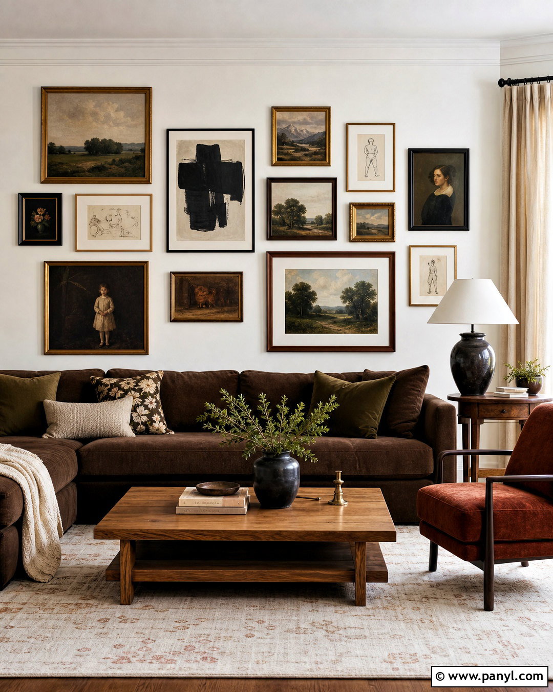 Chocolate Brown Couch With a Gallery Wall - 20 chocolate brown couch living room ideas