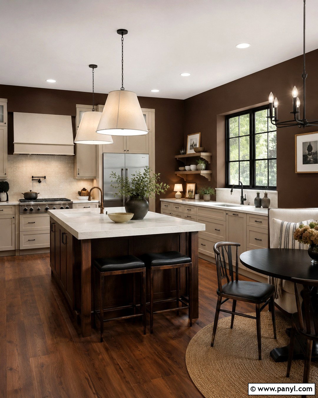 Chocolate Brown Kitchen Wall With Beige Cabinets - 20 dark wall in kitchen ideas