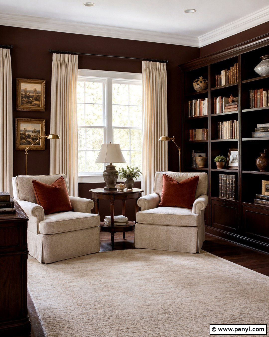 Chocolate Brown Library With White Windows - 20 Dark Walls White Windows