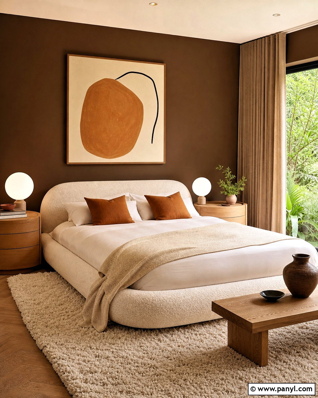 Chocolate Brown Walls With A Boucle Bed - 20 chocolate brown walls bedroom ideas