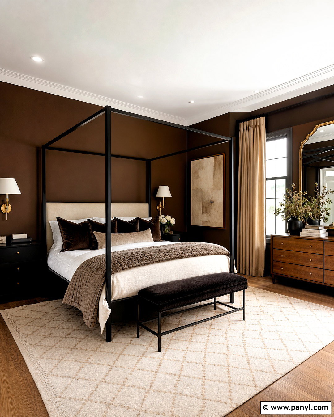 Chocolate Brown Walls With Brass And Black Accents - 20 chocolate brown walls bedroom ideas