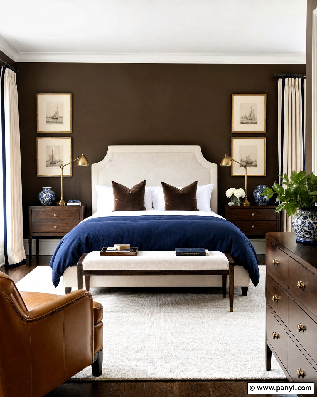 Chocolate Brown Walls With Navy Blue Textiles - 20 chocolate brown walls bedroom ideas