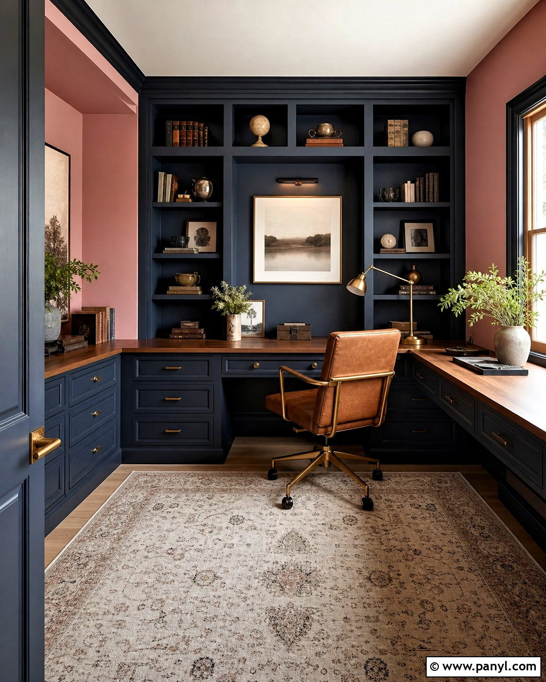 Cinder Rose Home Office With Navy Built-Ins - 20 farrow and ball cinder rose ideas