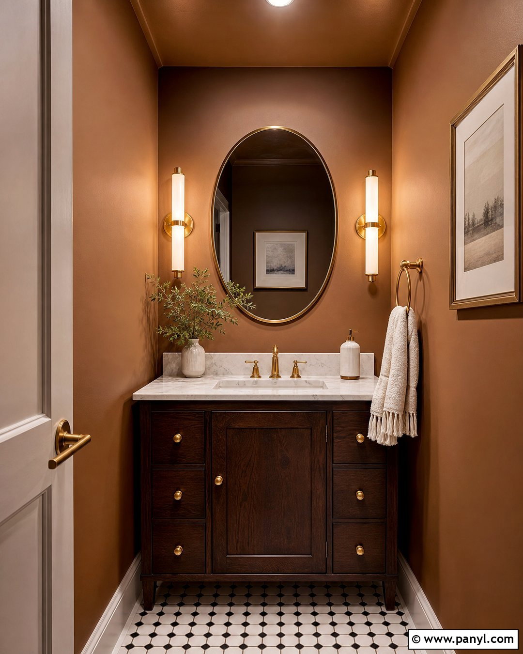 Cinnamon Powder Room With Brass - 25 Cinnamon Walls