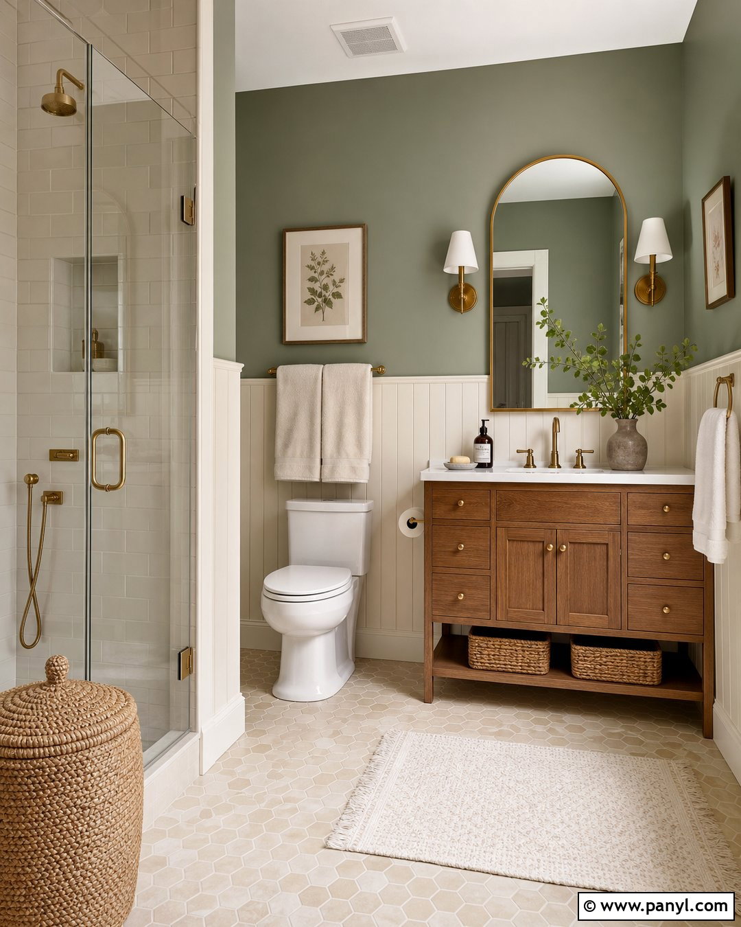 Clary Sage Bathroom With Brass Fixtures - 20 Clary Sage Green Walls