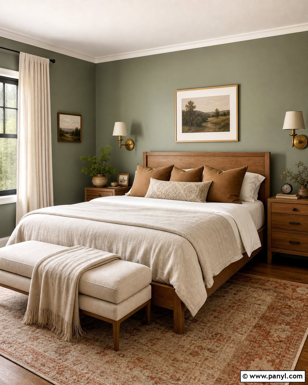 Clary Sage Bedroom With Warm Wood - 20 Clary Sage Green Walls
