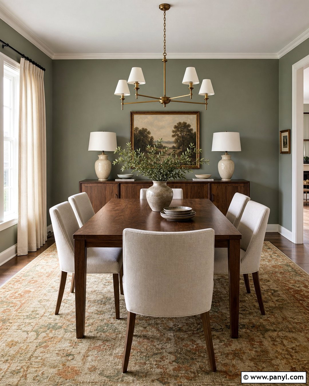 Clary Sage Dining Room With Walnut Furniture - 25 Clary Sage Walls
