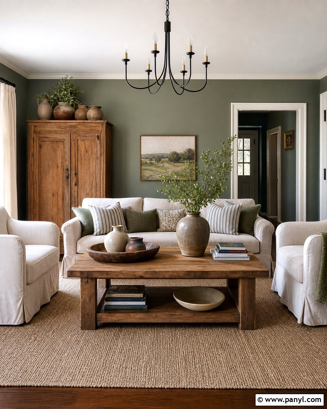 Clary Sage Farmhouse Room With Linen - 20 Clary Sage Green Walls