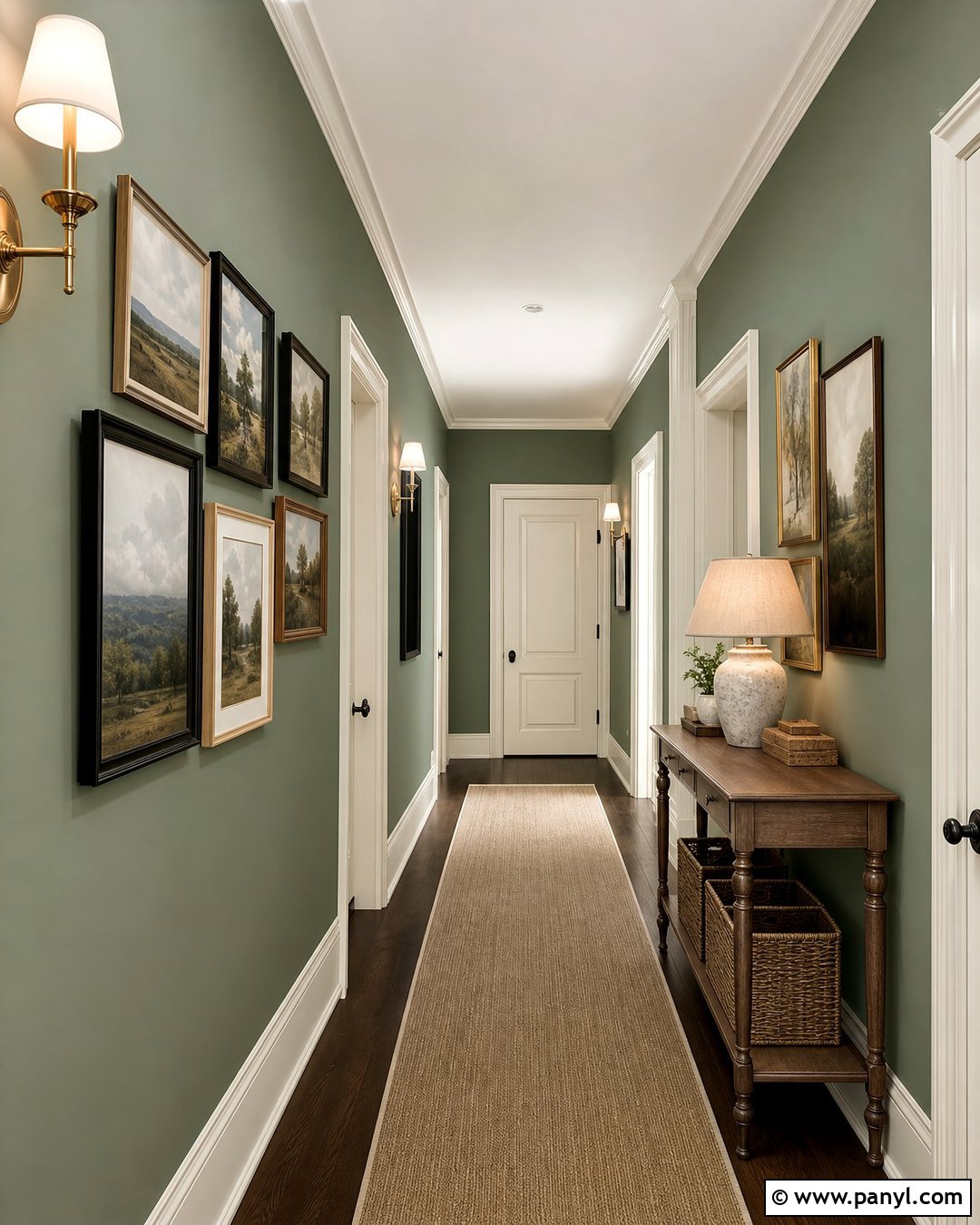 Clary Sage Hallway With Gallery Art - 20 Clary Sage Green Walls