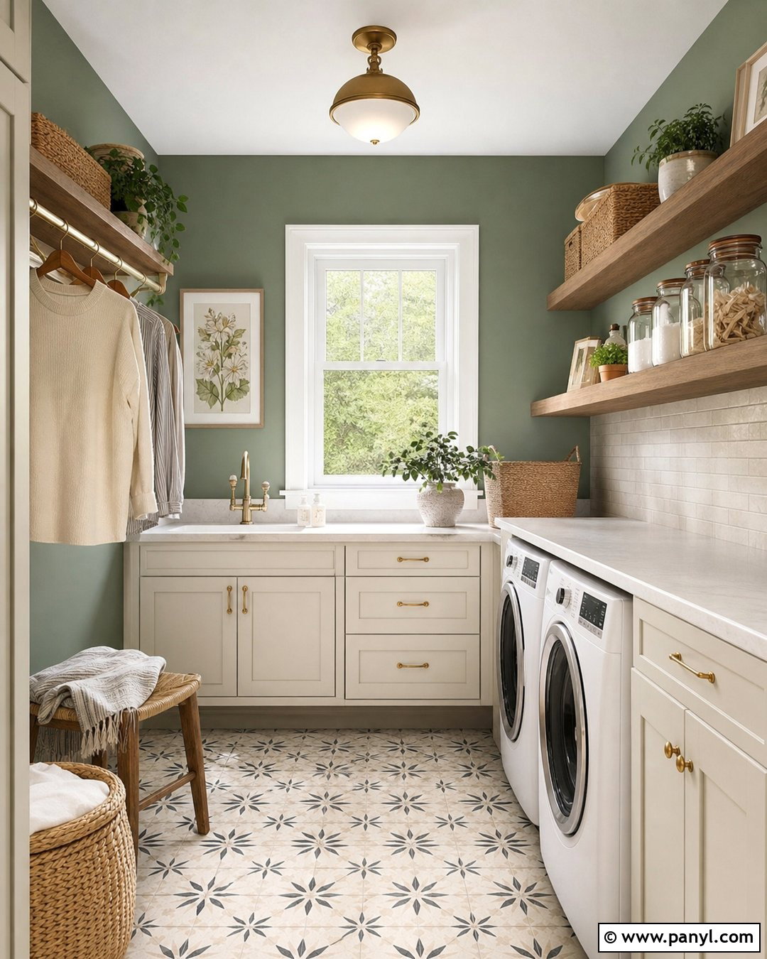 Clary Sage Laundry Room With Oak Shelves - 20 Clary Sage Green Walls
