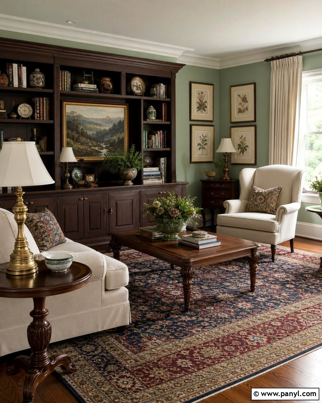 Clary Sage Traditional Room With Dark Wood - 20 Clary Sage Green Walls