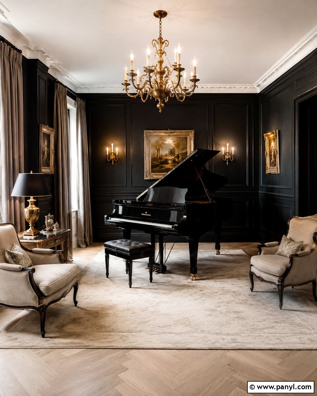 Classic Black Wall Grand Piano Room - 20 Black Wall Music Room Ideas