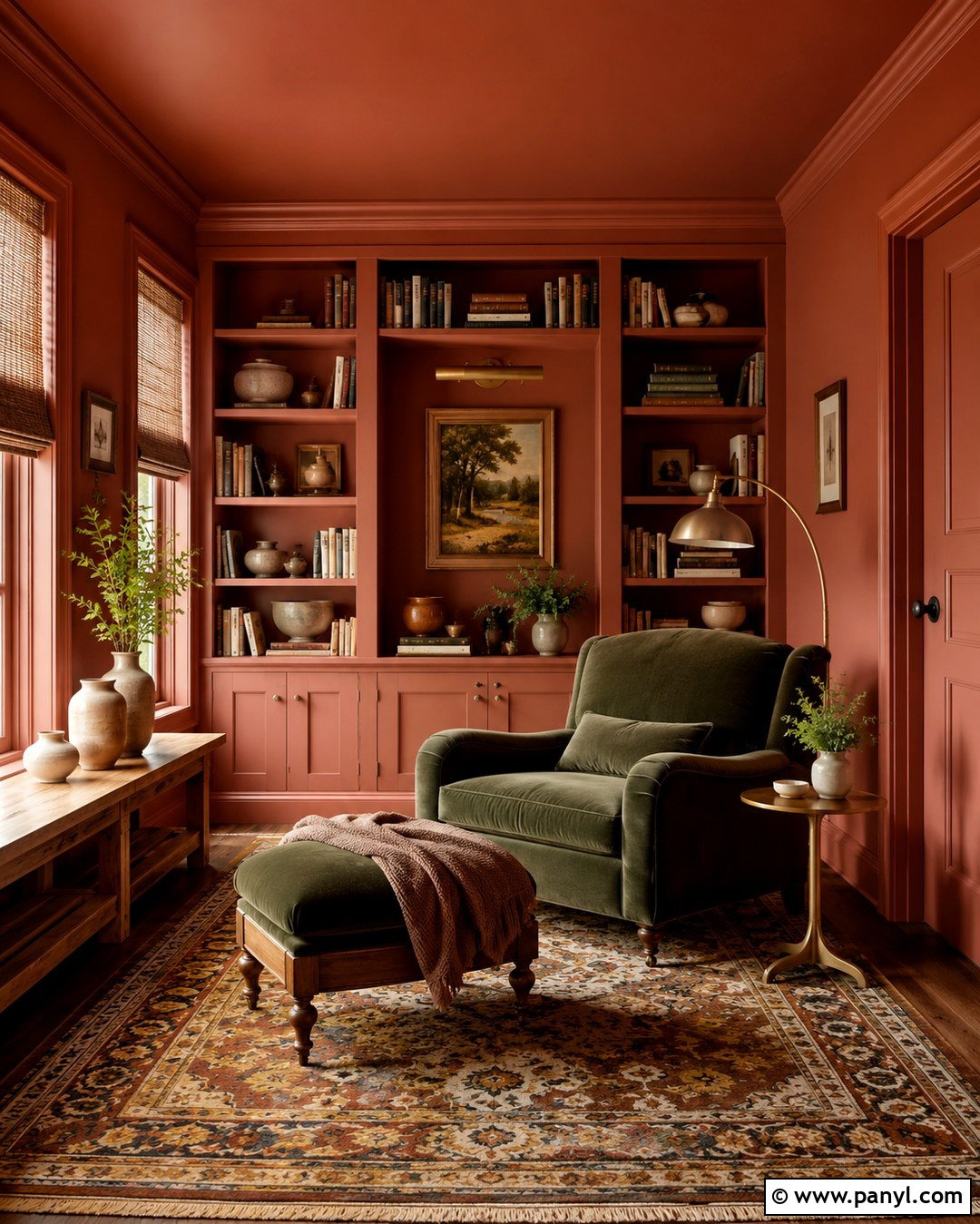 Clay Color Drenched Reading Room - 20 Clay Color Painted Walls