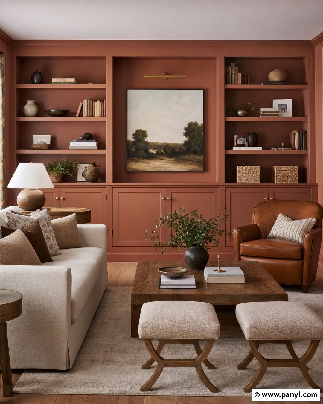 Clay Colored Walls With Built-In Shelves - 30 clay colored walls