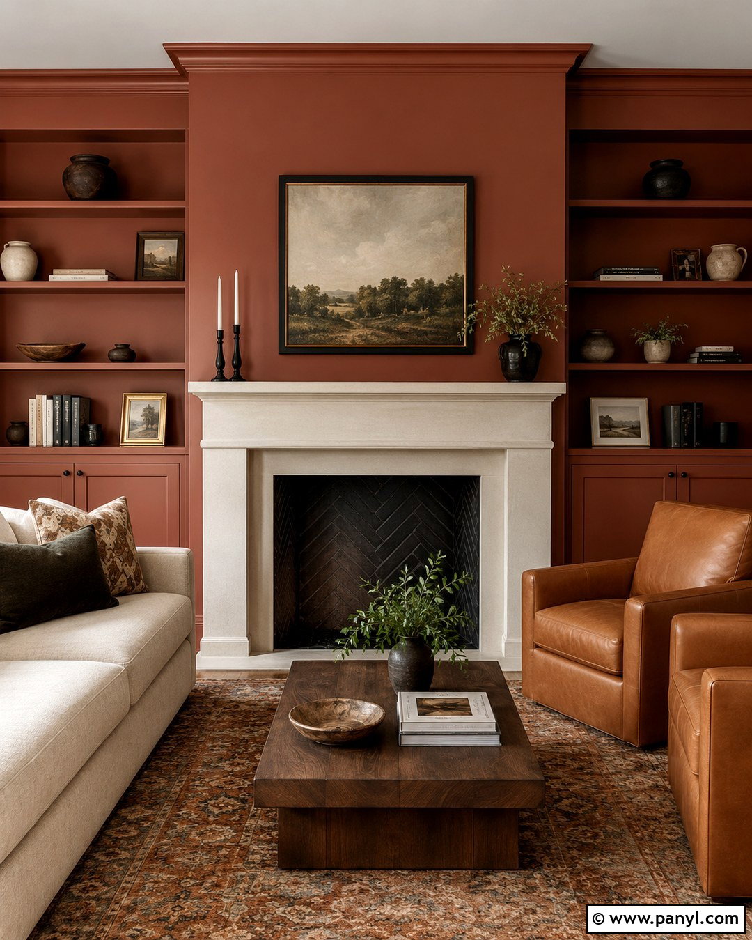 Clay Fireplace Wall With Built-In Shelves - 20 Clay Color Painted Walls