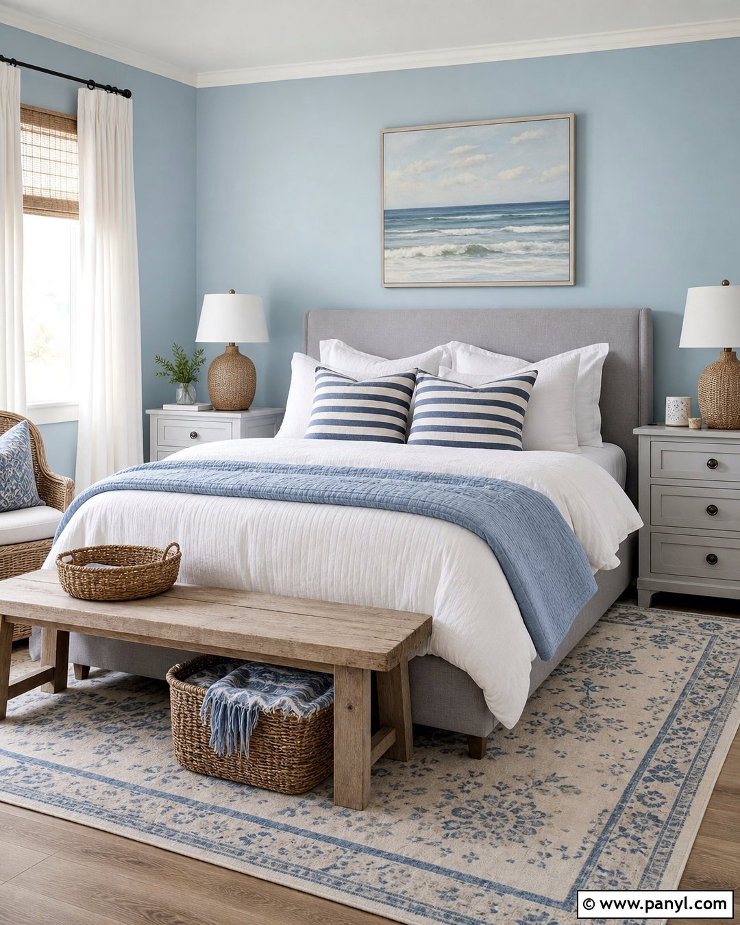 Coastal Bedroom With Light Blue Walls And Grey Furniture - 20 Light Blue Walls With Grey Furniture Ideas