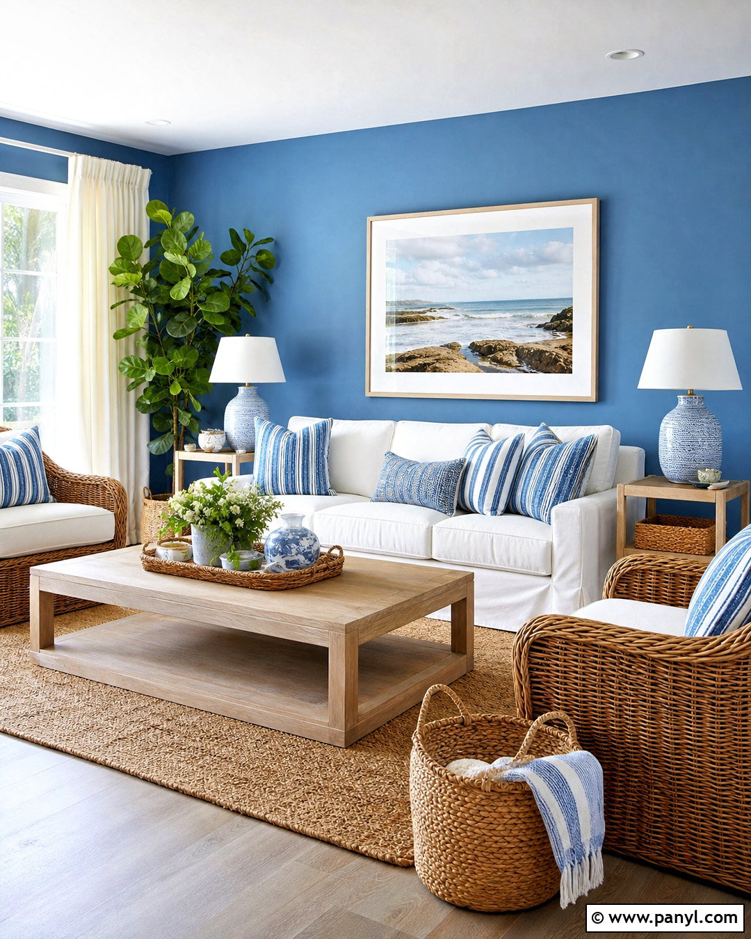 Coastal Blue Accent Wall With Natural Textures - 20 blue accent wall living room ideas
