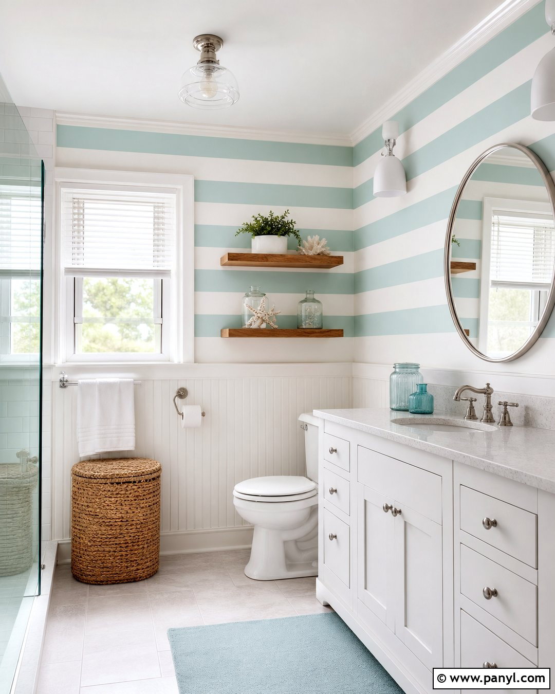 Coastal Blue Bathroom Wall Stripes - 30 Horizontal Stripes On Wall Ideas