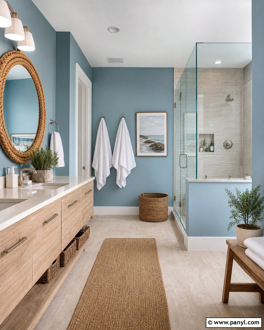 Coastal Blue Bathroom With Natural Textures - 20 Cozy Bathroom With Blue Walls