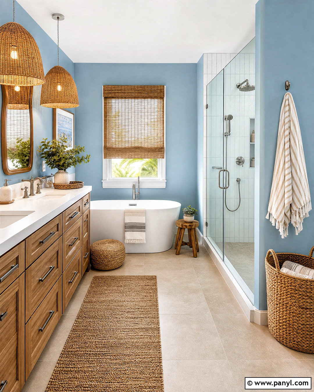 Coastal Blue Bathroom With Natural Wood - 20 blue bathroom design ideas