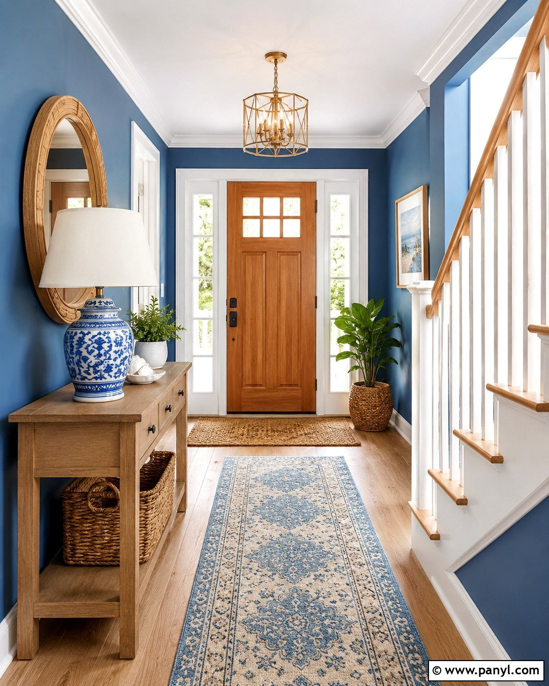 Coastal Blue Entryway With White Trim - 20 Blue Wall White Trim Ideas