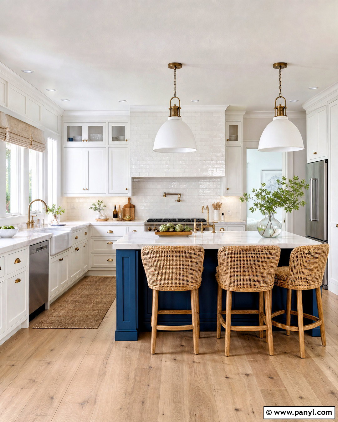 Coastal Blue Kitchen Island With Woven Stools - 20 white kitchen with blue island ideas