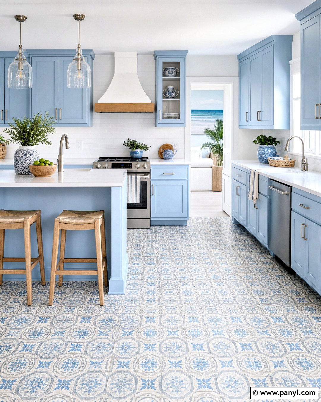 Coastal Blue Kitchen With Patterned Floor - 20 coastal blue kitchen ideas