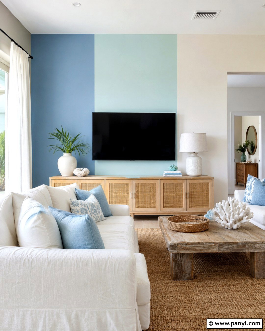 Coastal Blue Stripe TV Wall - 20 Color Block Wall Behind Tv Ideas