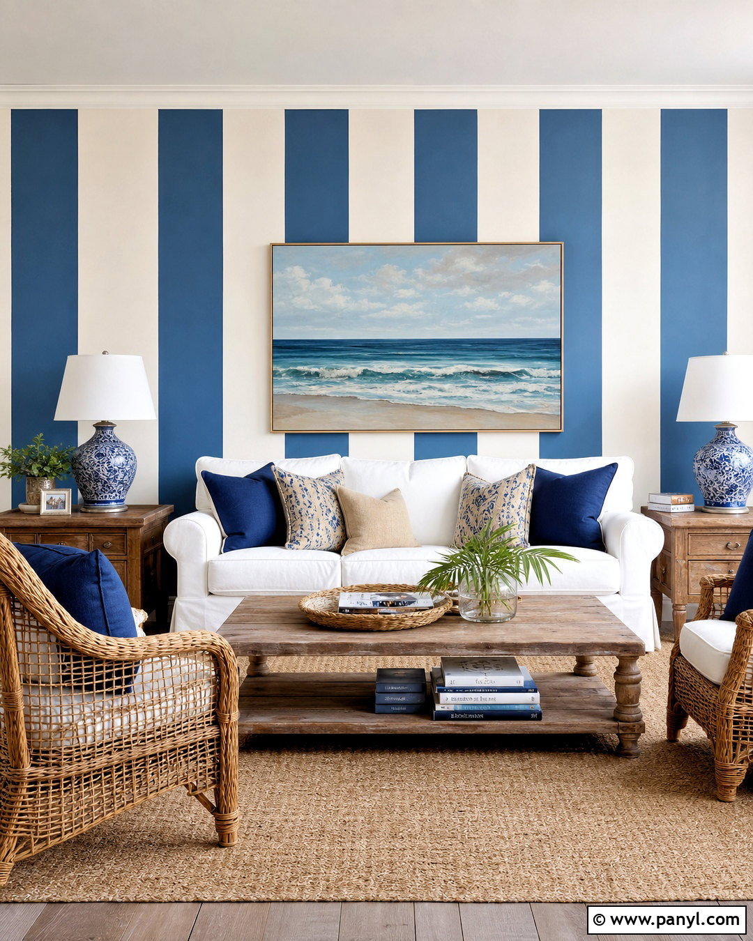 Coastal Blue Striped Living Room Wall - 20 wall design ideas living room paint ideas