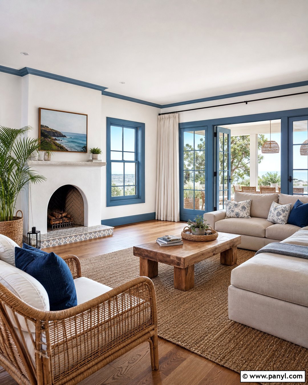 Coastal Blue Trim Family Room - 35 Blue Trim White Walls