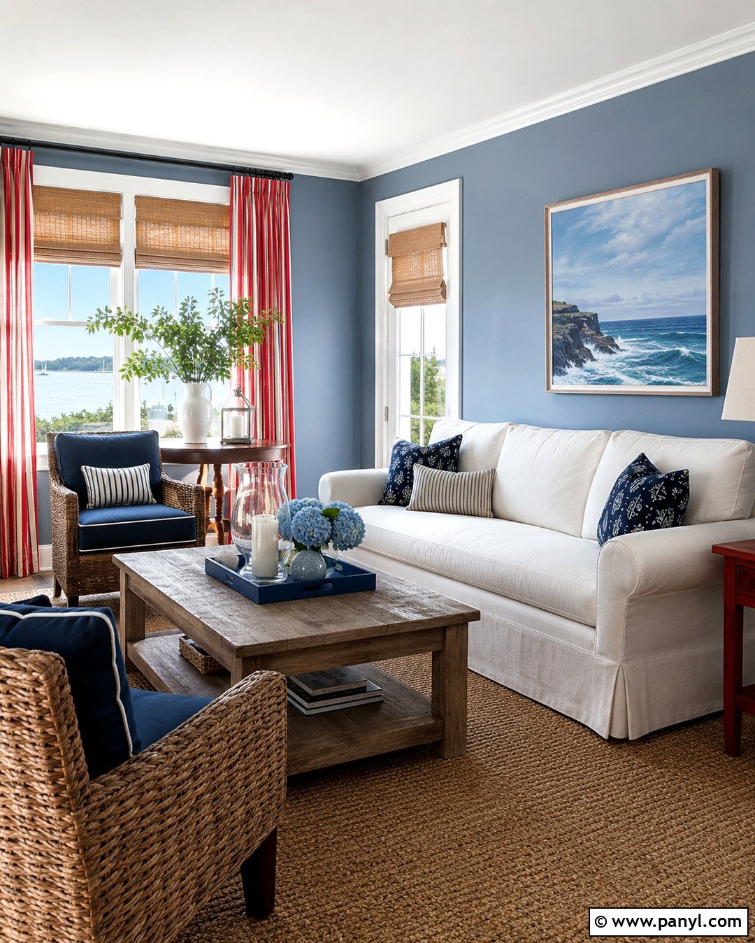 Coastal Blue Walls With Red Striped Curtains - 20 Blue Walls Red Curtains