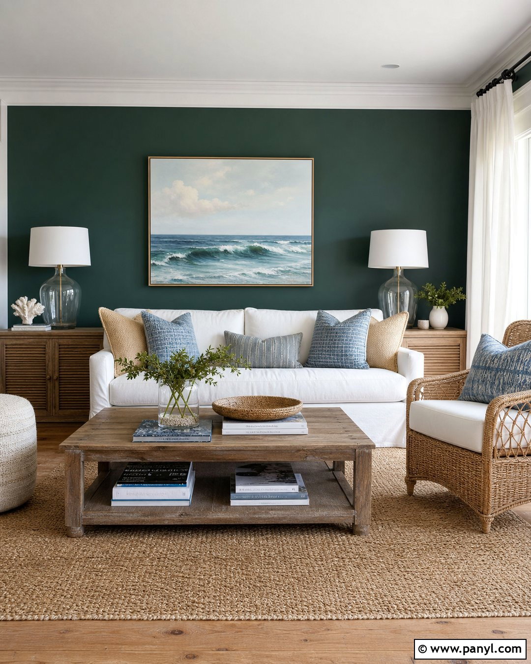Coastal Dark Green Feature Wall - 30 Dark Green Feature Wall Living Room Ideas