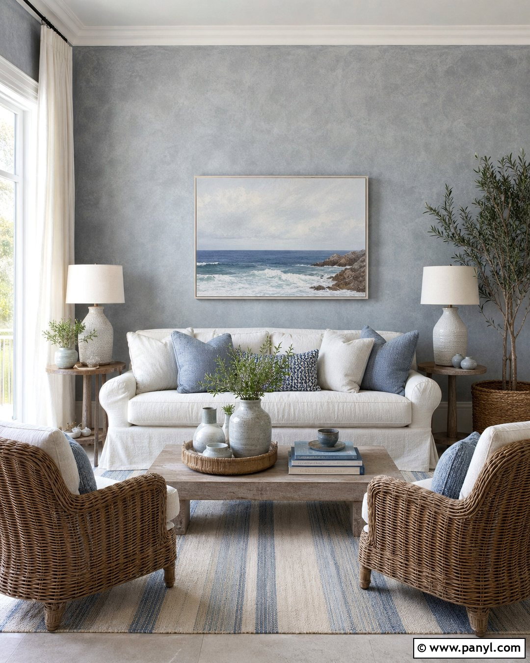 Coastal Grey Limewash Living Room - 25 Limewash Grey Wall Ideas