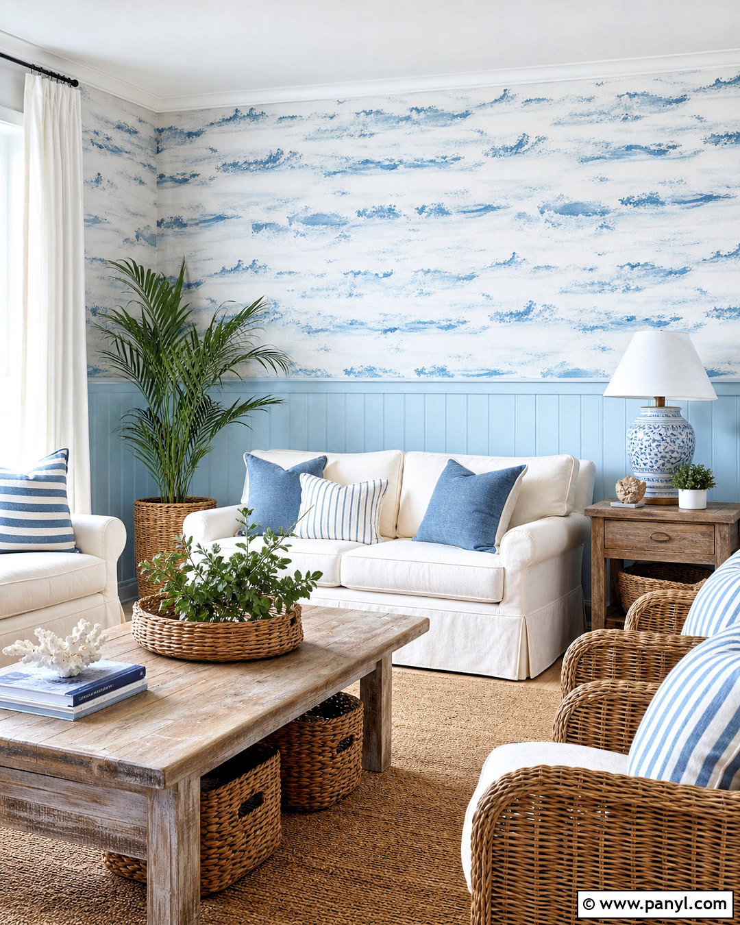 Coastal Half Wall Wallpaper With Blue Beadboard - 20 half wall wallpaper ideas