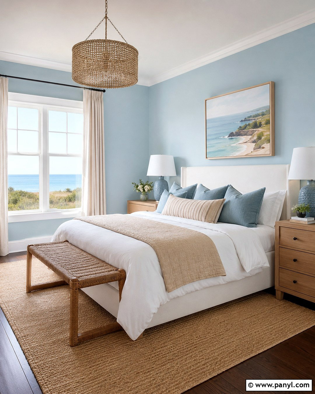 Coastal Light Blue Bedroom With Dark Wood Floors - 20 Light Blue Walls Dark Wood Floor Ideas