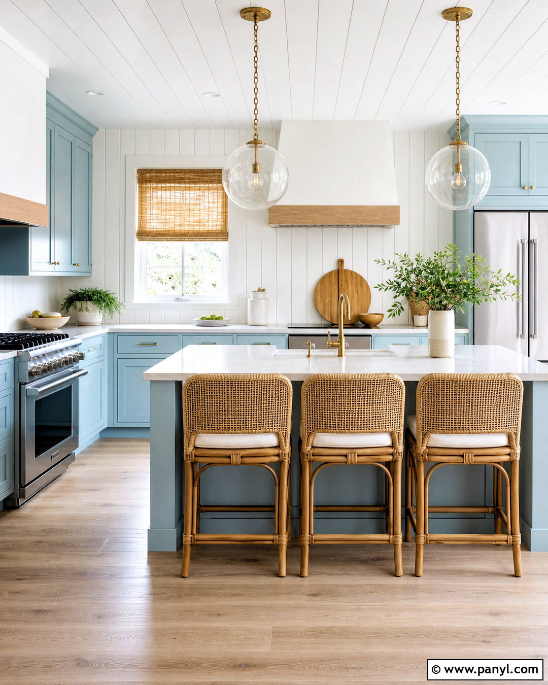 Coastal Light Blue Kitchen With Rattan Accents - 20 light blue kitchen ideas