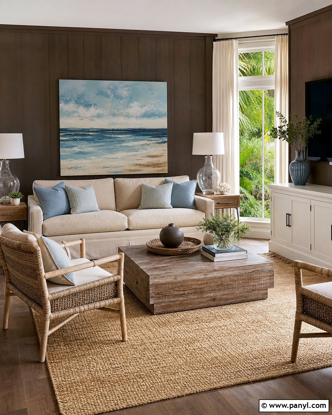 Coastal Living Room With Dark Brown Walls - 35 Dark Brown Walls Living Room Ideas