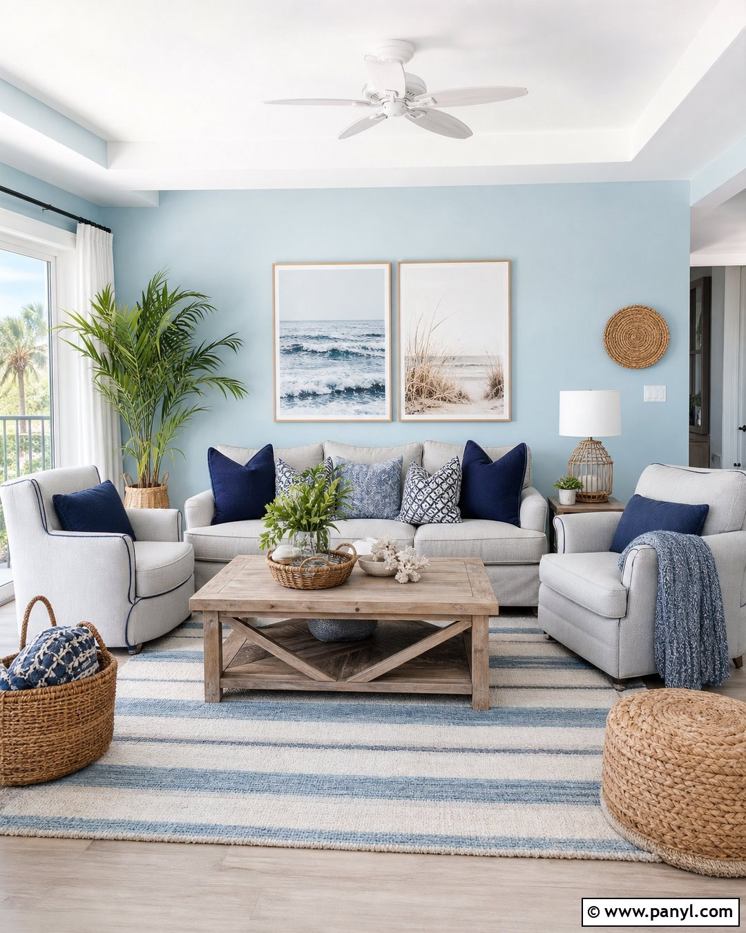 Coastal Living Room With Light Blue Walls And Grey Furniture - 20 Light Blue Walls With Grey Furniture Ideas