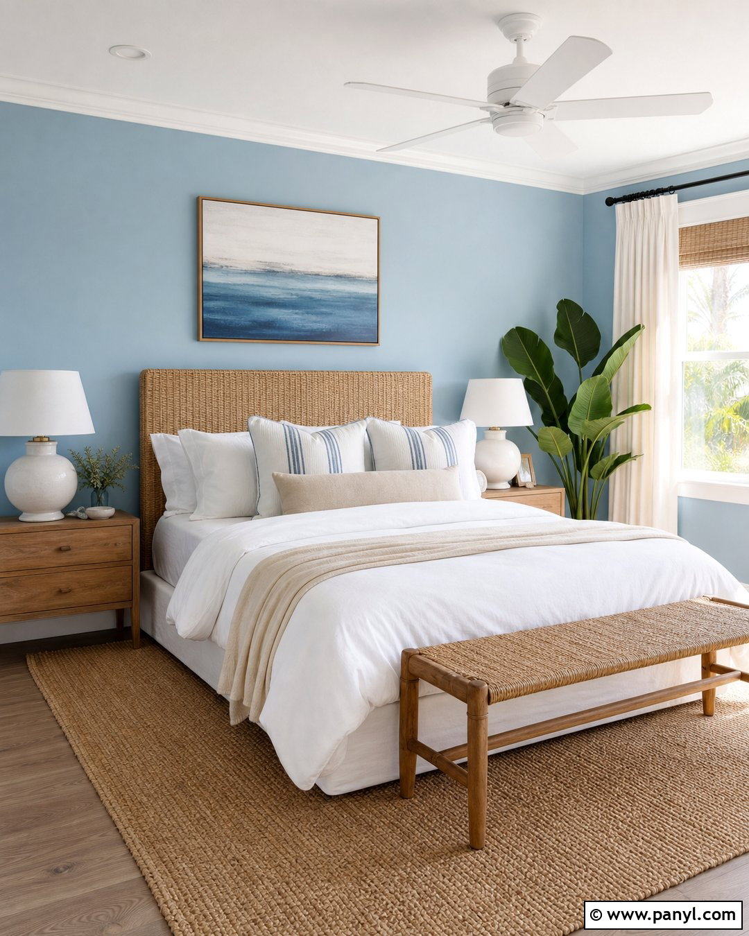 Coastal Satin Blue Bedroom With Rattan Furniture - 20 Satin Blue Wall Paint Ideas