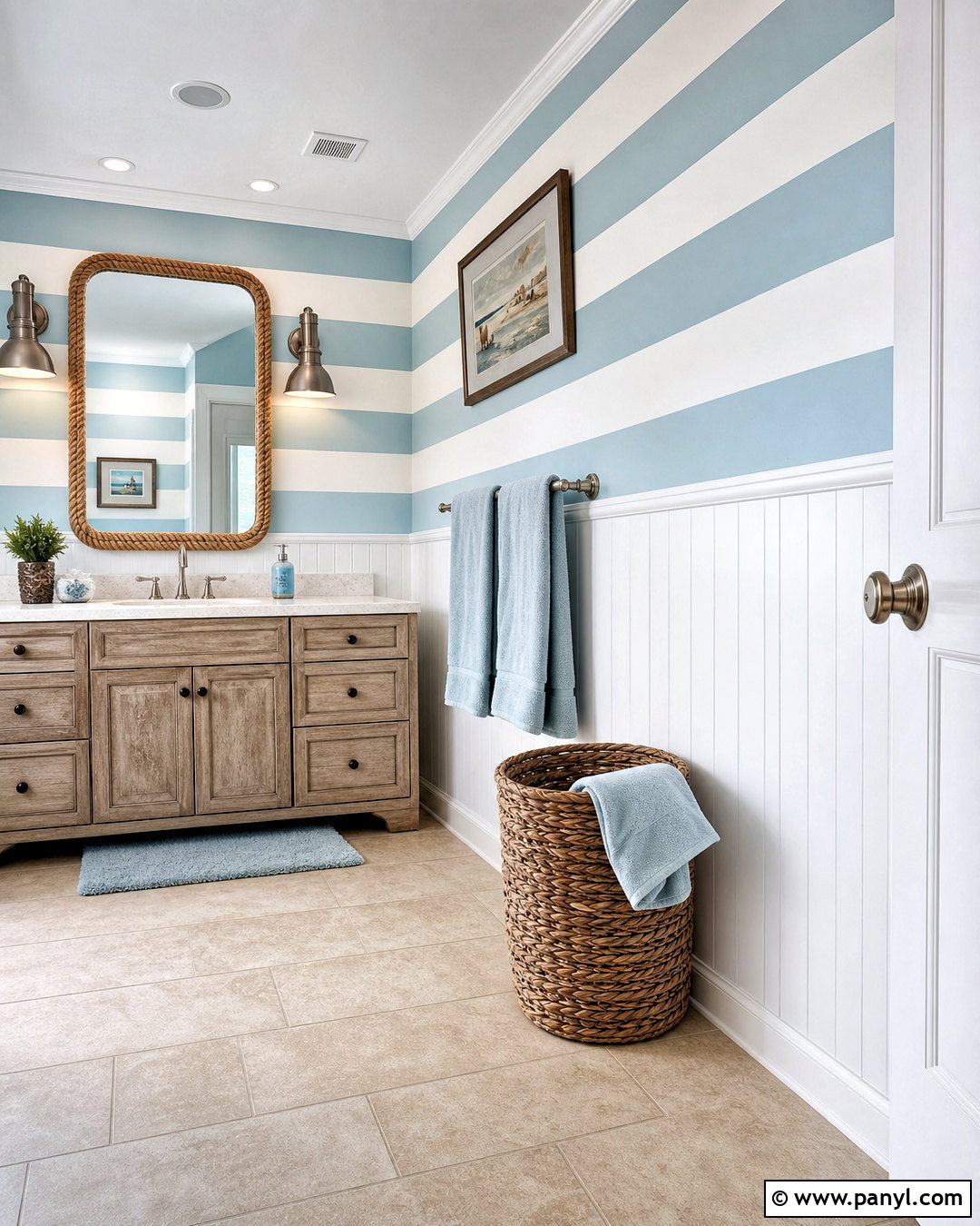 Coastal Striped Bathroom With Shiplap - 20 striped bathroom walls