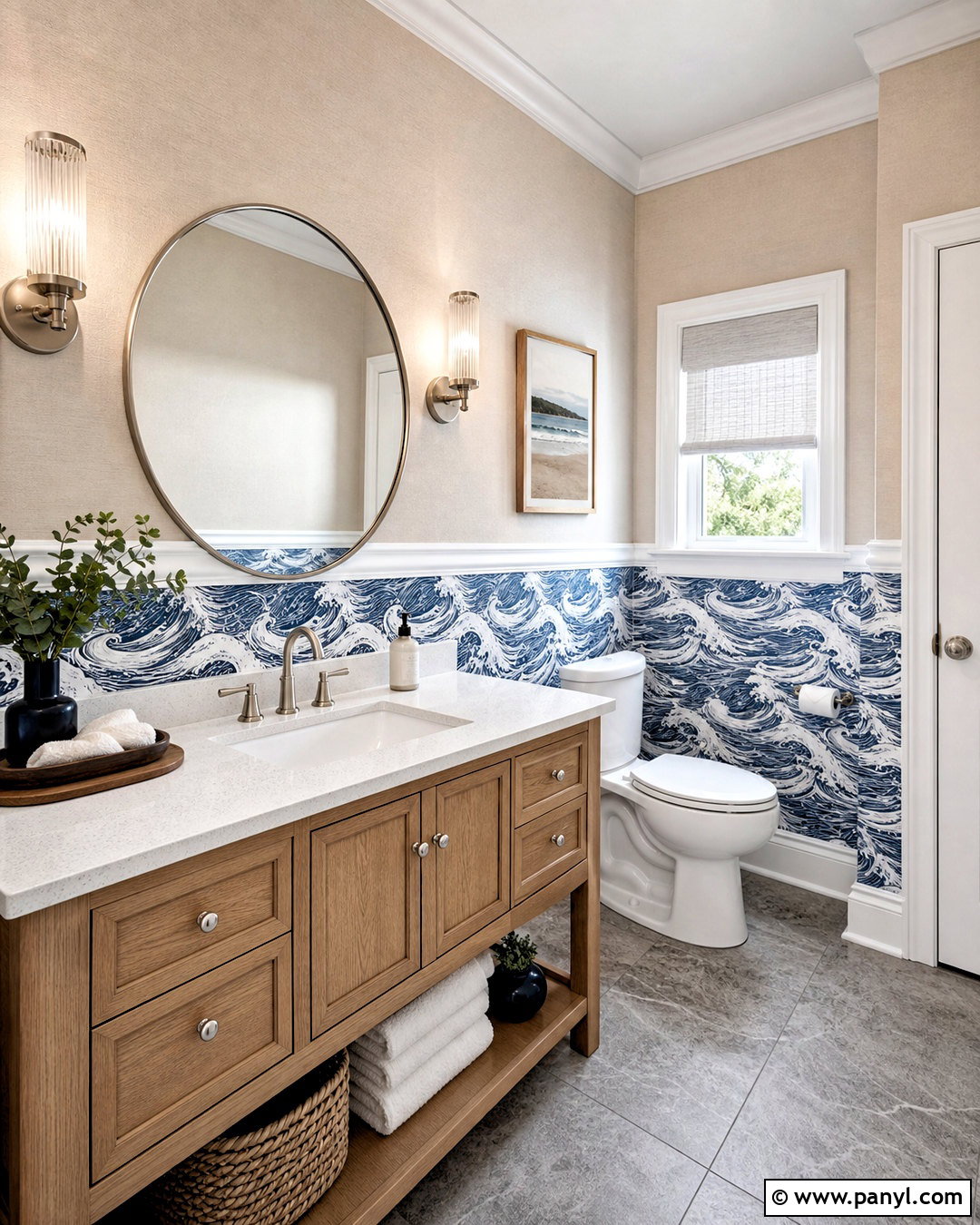 Coastal Wallpaper In A Guest Bathroom - 20 wallpaper on bottom half of wall ideas