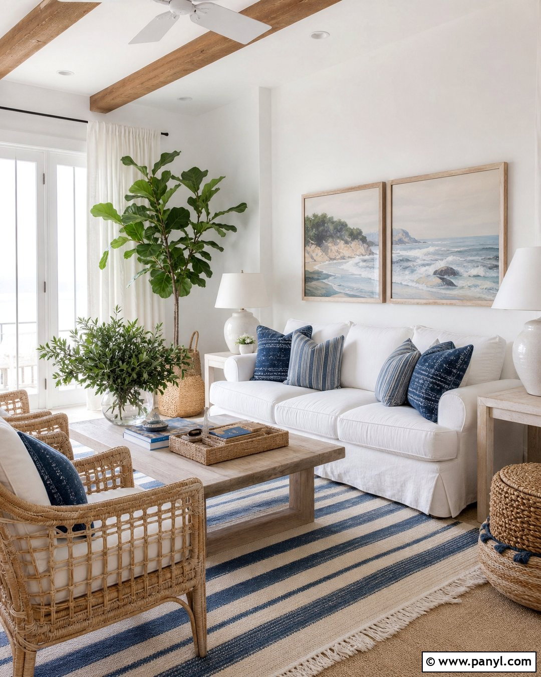 Coastal White Wall Living Room - 30 White Wall Interior Ideas