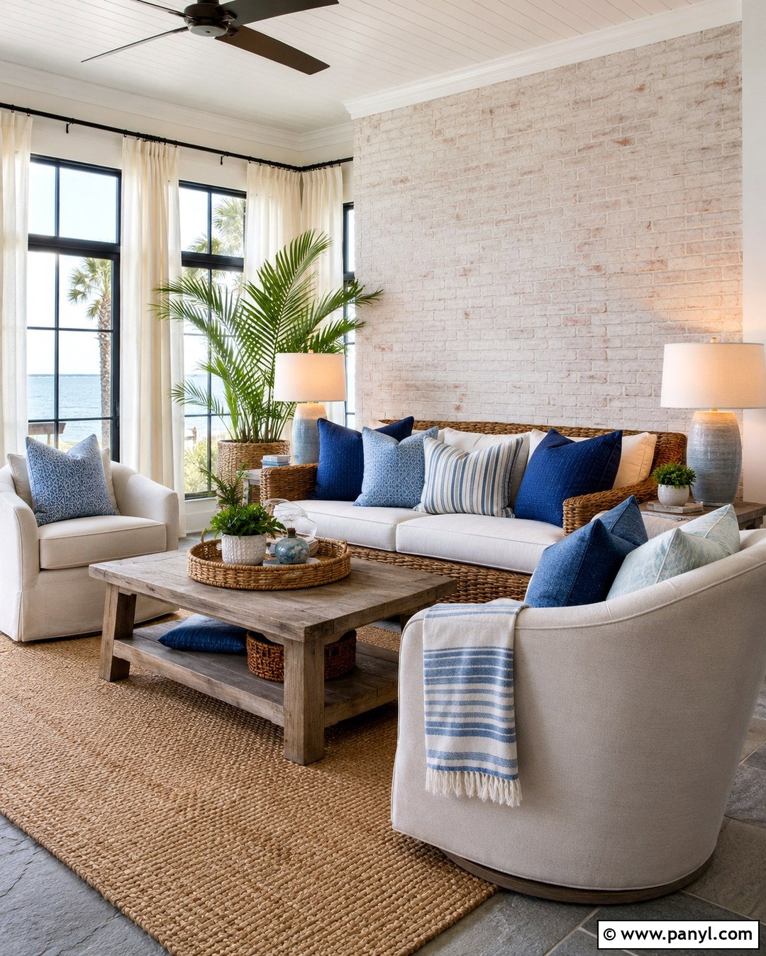 Coastal Whitewashed Brick Wall Sunroom - 20 White Wash Interior Brick Wall Ideas