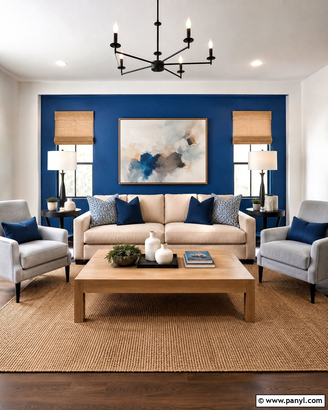 Cobalt Blue Accent Wall With Neutral Seating - 20 blue wall living room ideas