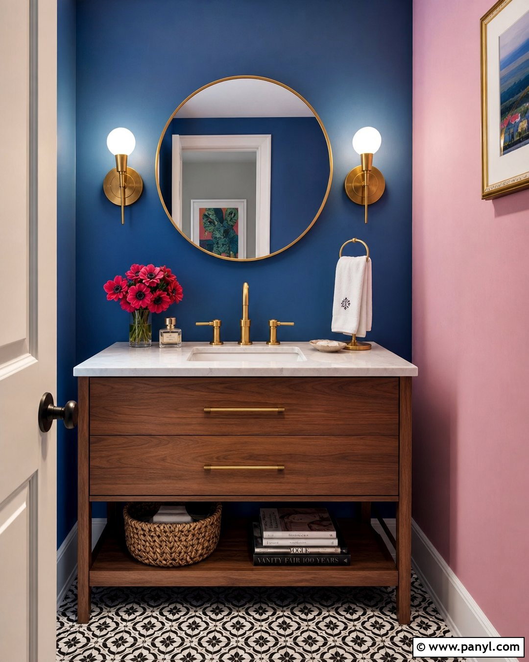 Cobalt Blue And Soft Pink Powder Room Walls - 20 Room With Different Colored Walls