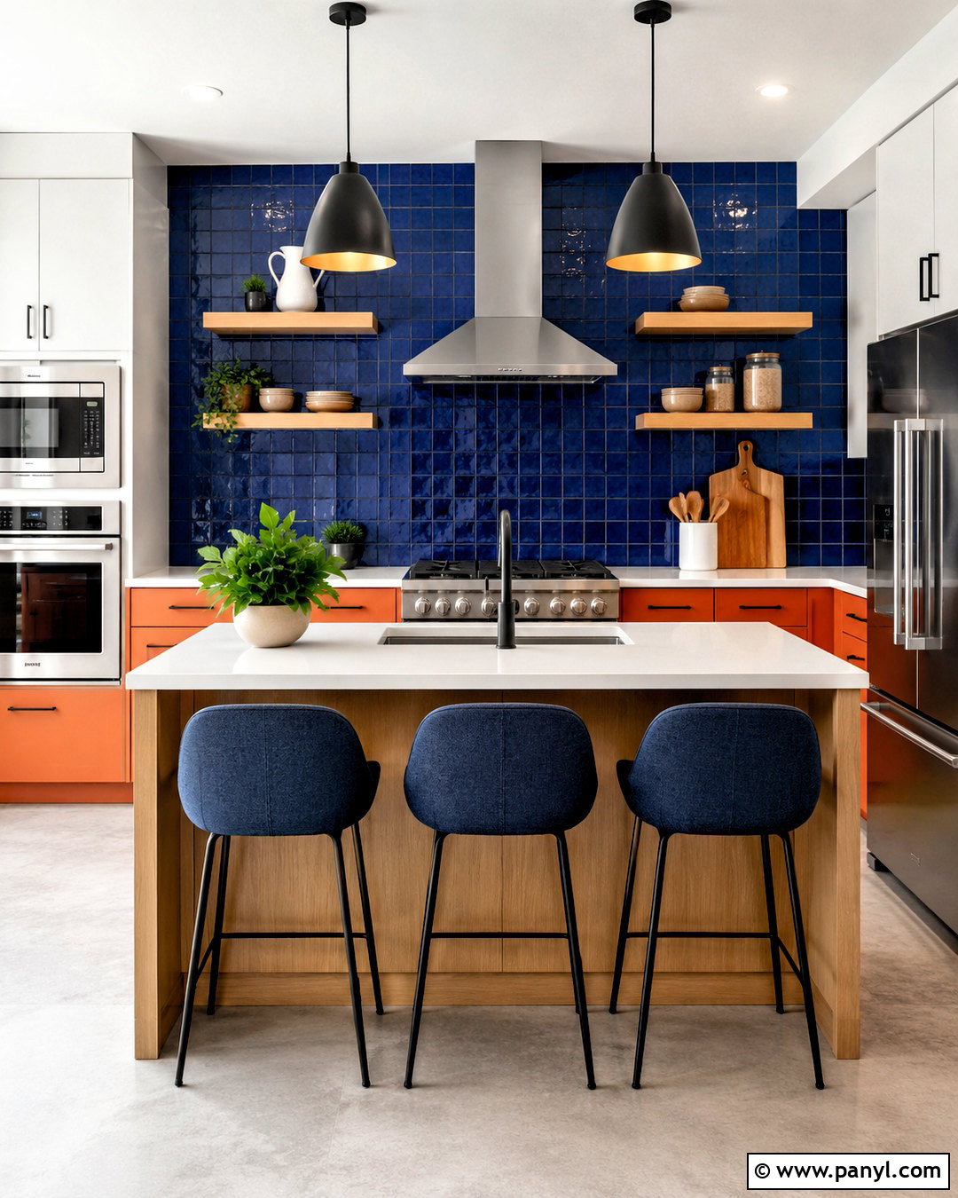 Cobalt Blue Backsplash With Orange Cabinets - 20 blue and orange kitchen ideas