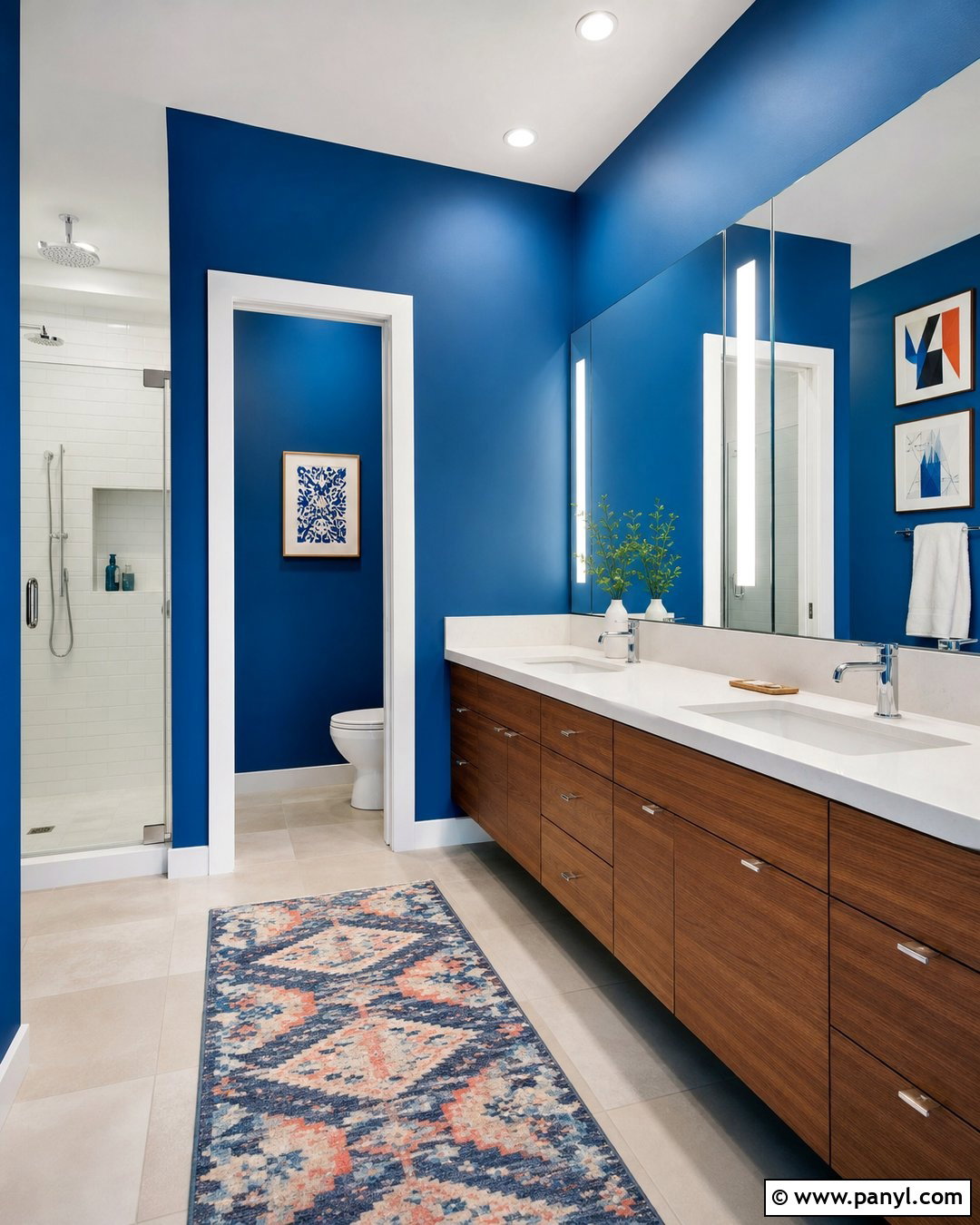 Cobalt Blue Bathroom Walls With Walnut Vanity - 30 Bathroom Blue Walls
