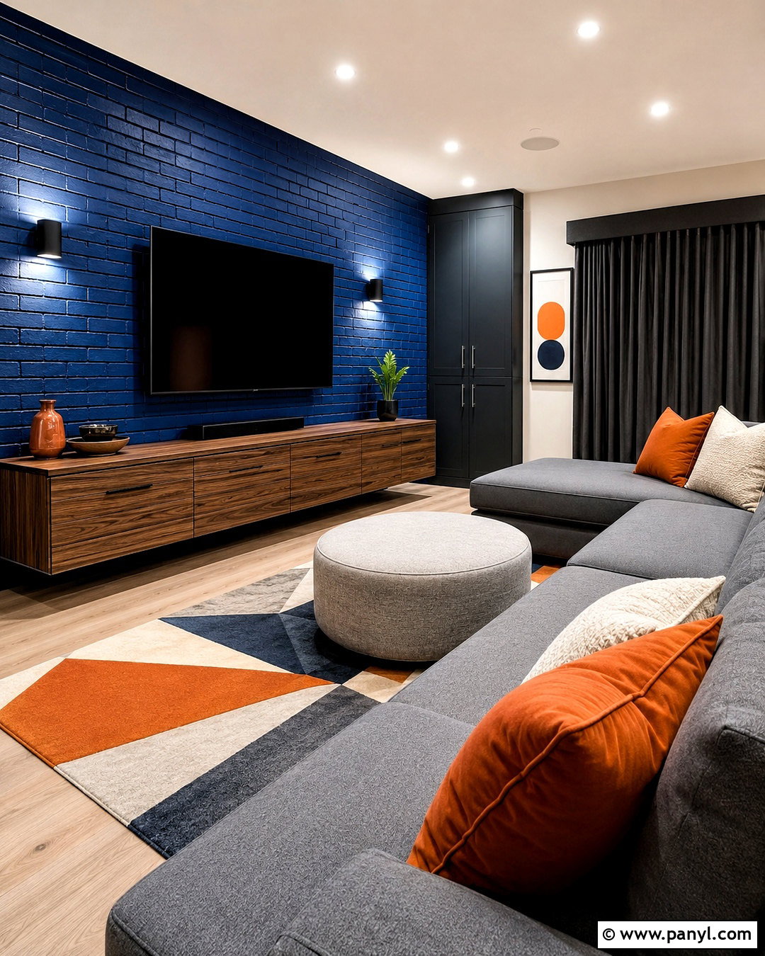 Cobalt Blue Brick Wall Media Room - 20 colored brick wall interior design ideas