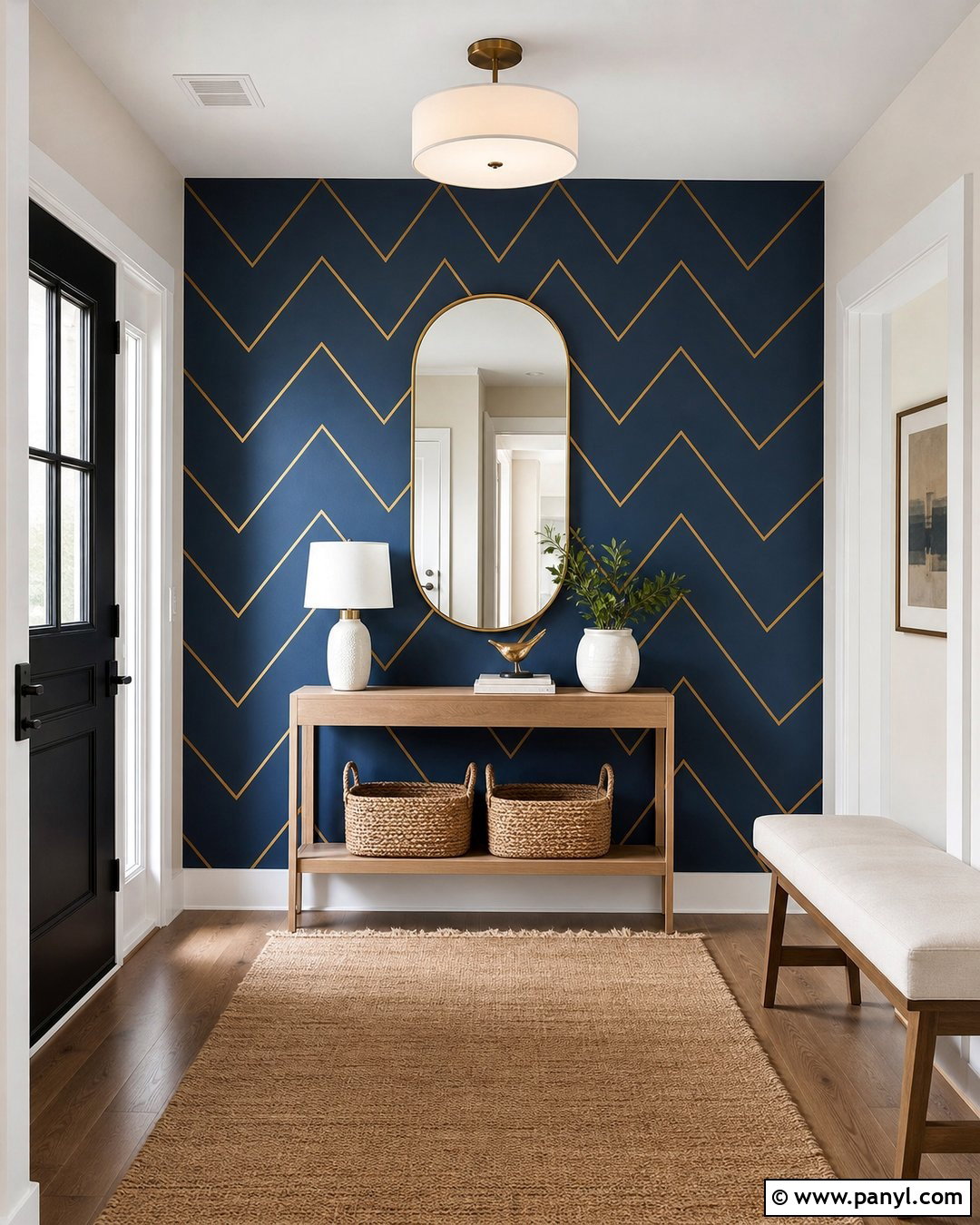 Cobalt Blue Entryway Wall With Gold Zigzag Lines - 20 Blue Wall With Gold Lines